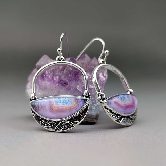 Boho Purple Blue Silver Tone Hoop Earrings - Picture 3 of 4